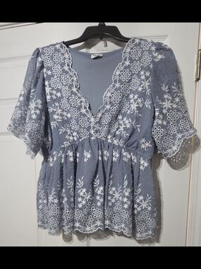 New Without Tags Women's Aritzia Light Blue Eyelet Embroidered Peplum Blouse